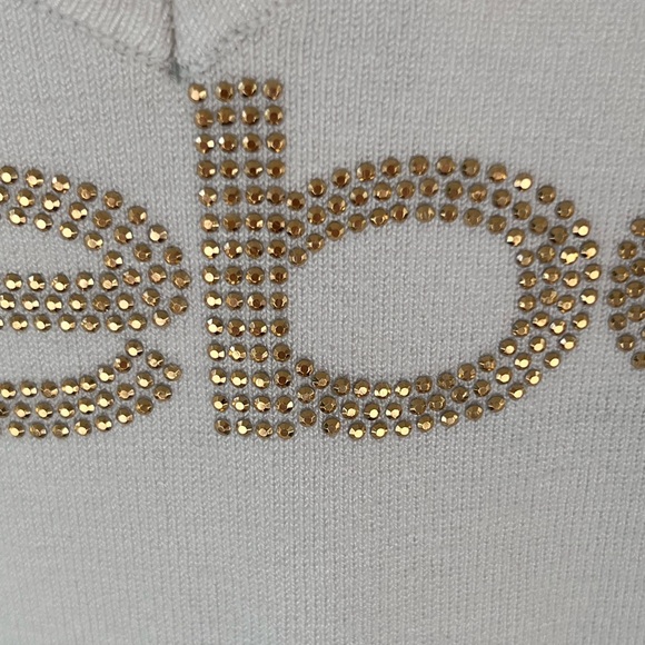 NWT Bebe White and Gold Rhinestone 3/4 sleeve V-Neck Knit Top Fitted Sweater S M - Picture 13 of 15